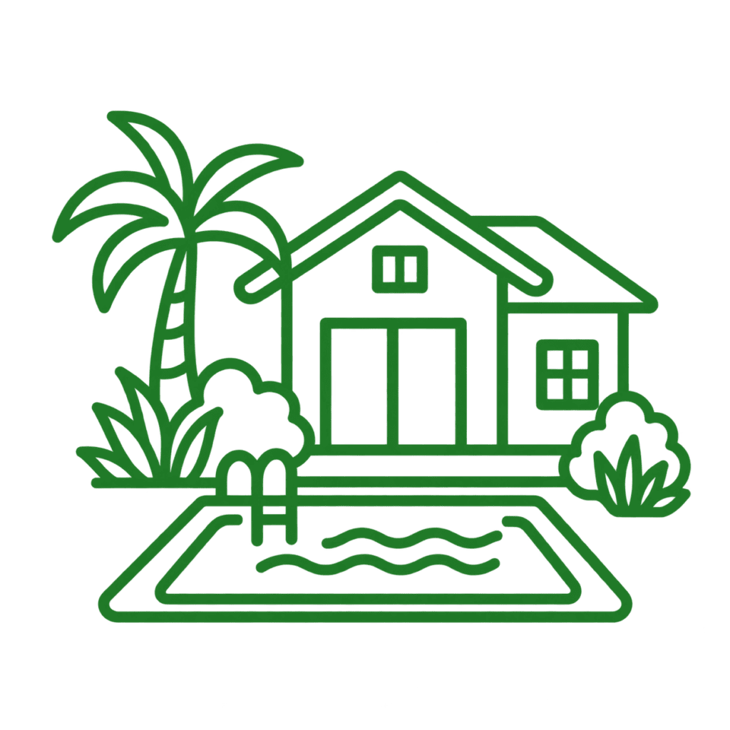 Lawn and landscape design with a house, pool, and trees.